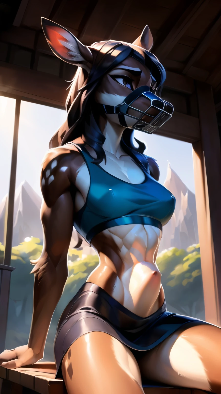 uploaded on e621, by Pixelsketcher, by Bayard Wu, by Thomas Benjamin Kennington , by Einshelm, solo anthro, ((portrait)), BREAK, (detailed Bonifasko lighting), natural goddess, (Detailed fur), (detailed skin), BREAK, (Cinematic lighting), ((Detailed background)), (half body shadow), [Backlighting], [crepuscular ray], [Detailed ambient light], [gray natural lighting], (higher wildlife feral detail), [sharp-focus], (shaded), ((Masterpiece), big hips, Average Breasts, pectorals, commission for high res, Furry art, pov furry art, Sakimichan is beautiful, Masterpiece, Best Quality, Detailed image, Bright colors, Detailed Face, perfect  lighting, Perfect shadows, Perfect eyes, focus on girl, flawless face, gorgeous body, Hourglass body, shiny body, legs focus, Ears last year, fluffy woman, Body fur, Animal nose, muzzle, BDSM animal muzzle, deer nose band and bit, two-toned fur, half closed crossed eyes, 1girl, full - body, (Masterpiece:1.21), (Best Quality:1.2), (illustartion:1.2), (Cinematic lighting:1.3), Detailed fur, Balanced colouring, Global Illumination, Ray Tracing, good lighting, BREAK, muscular deer girl, sitting on chair, bracing with her hands, furry deer, wearing short black dress and sport top, midriff, long wavy hair, farm girl, dildo in the dress, toned muscles, outdoorsy, sitting on chair legs spread, eyes rolled back, nsfw expression, pleasure pain expression, uncomfortable, hands on skirt, trying not to cum, trying to scream through the muzzle, drooling, eyes crossed, small dildo penetration stomach bulge, dildo stomach bulge, small stomach bulge 