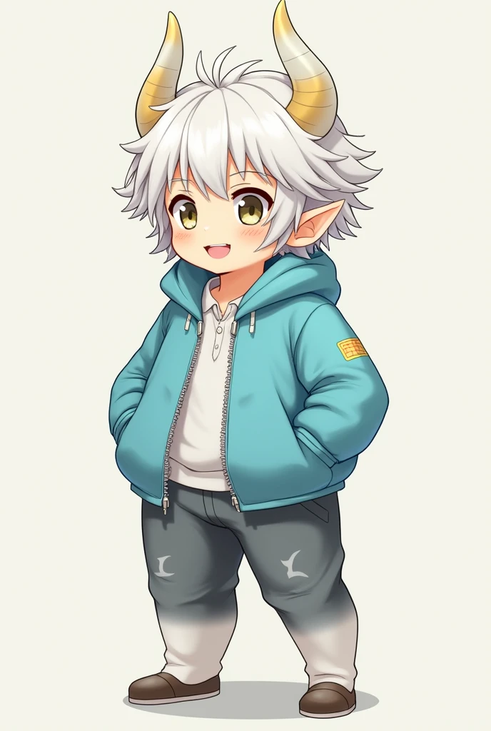 A white-skinned anime-type man with messy white hair and bangs, His expression is smiling, He has a sky blue jacket, He has grey pants that turn white, and has horns in her white and yellow hair.