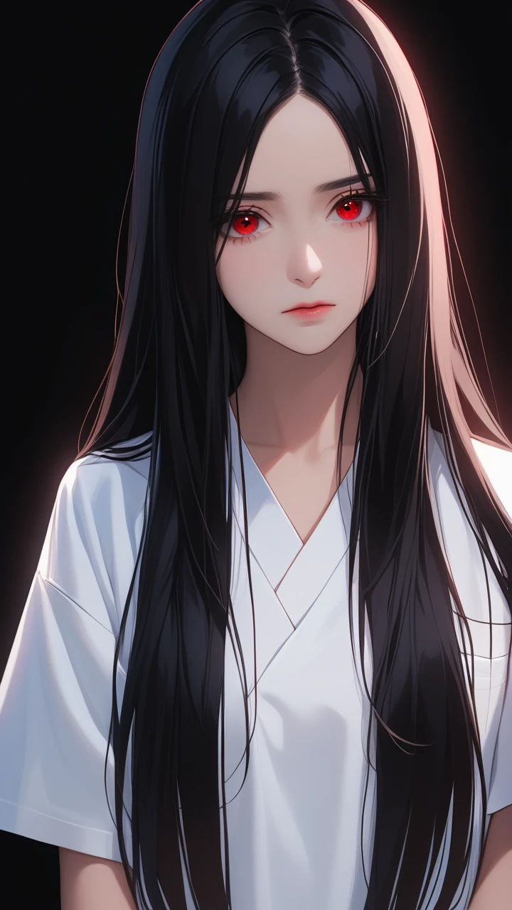 High quality image; black background; portrait; woman with long straight black hair, her left eye red, right eye blue; western face; age:1; sad; white hospital clothes;