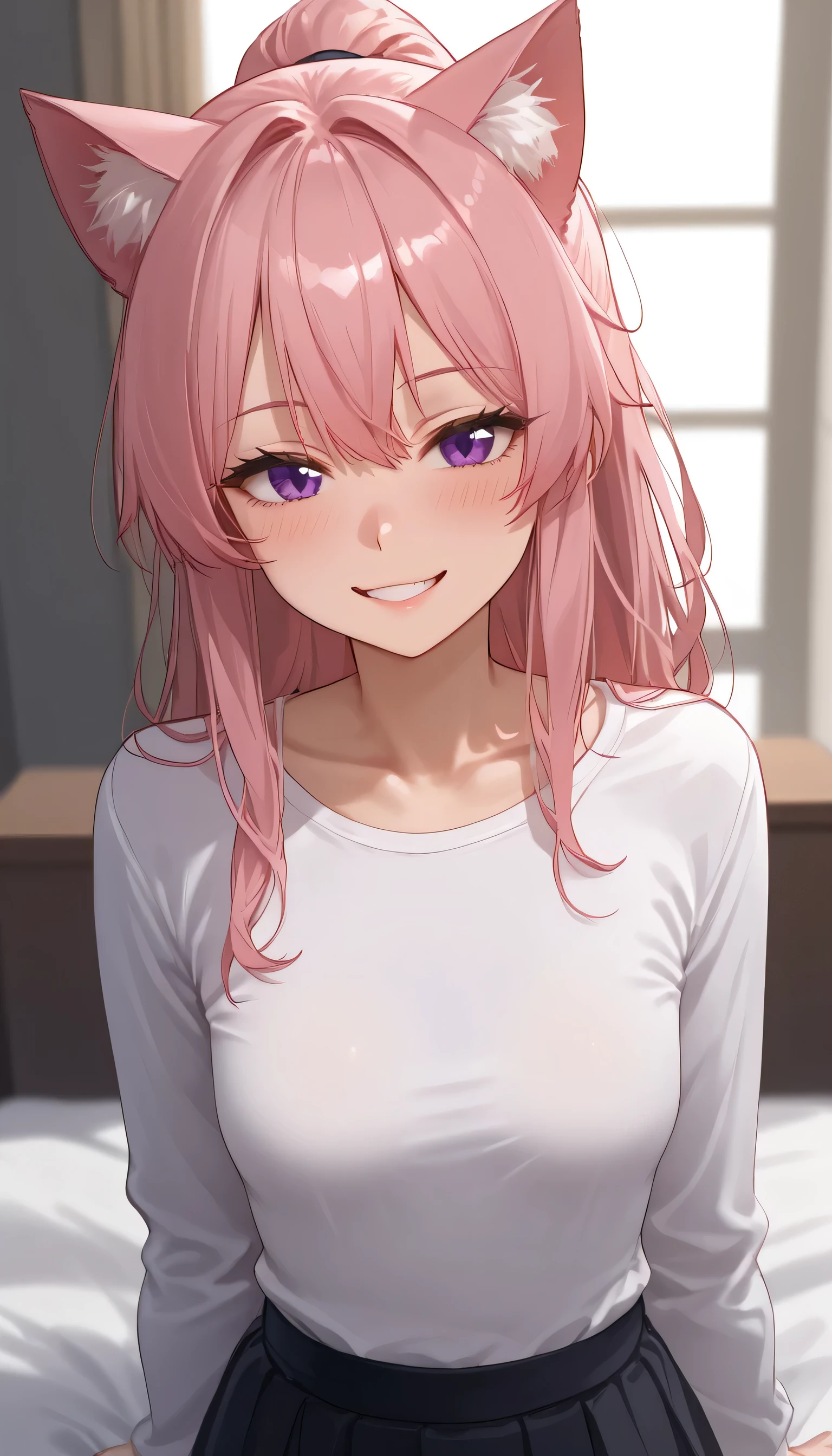 shiny skin, 1girl, ponytail hairstyle, parted lips, black skirt, ((purple eyes, beautiful detailed eyes, (cat pulils)), blush, breasts, shirt, small breasts, solo, looking at viewer, pink hair, long pink hair, white shirt, closed mouth, long sleeves, long hair, collarbone, smile, large smile, kemonomimi, cat ears, pink cat ears 