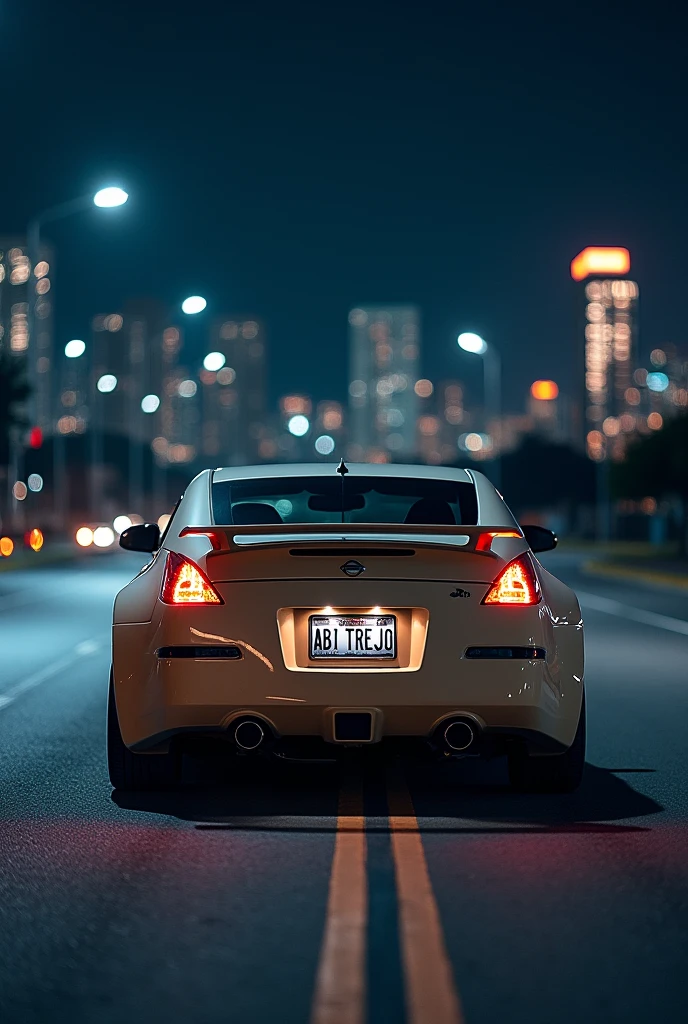 Create a photo of a beige Nissan 350Z, with a background of buildings in the distance and at night and that on the license plate holder says "ABI TREJO" with capital letters