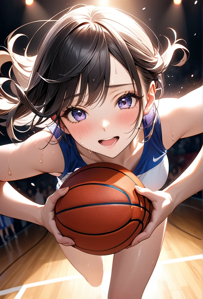 Ultra-realism、Detailed and realistic skin texture、Fine and exquisite texture、Detailed and exquisite brushwork、Detailed and vivid depictiotomically correct、Absurd beautifuls,Basketball game、Sweating all over the body、Expressions of joy、beautiful、superiority、charm、since,charm的な、Fascinating、Adult、sexy、Breaking down a bold perspective、An inspiring composition、Backlight、A dark background to make your subject stand out、dramatic cinematographic lighting、Transparent full color、Dynamic Shot、(Shooting from above:1.3), BREAK Redrawing the work into a vivid and lively piece、Highest qualityのレンダリング、Highest quality、Highest Resolution