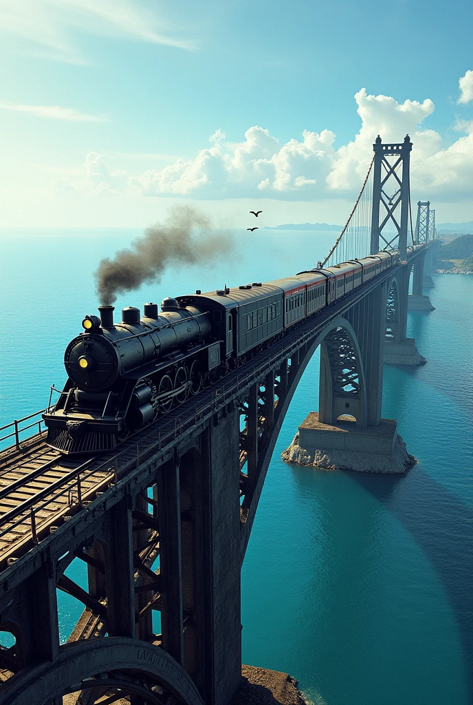 Train on a bridge crossing sea