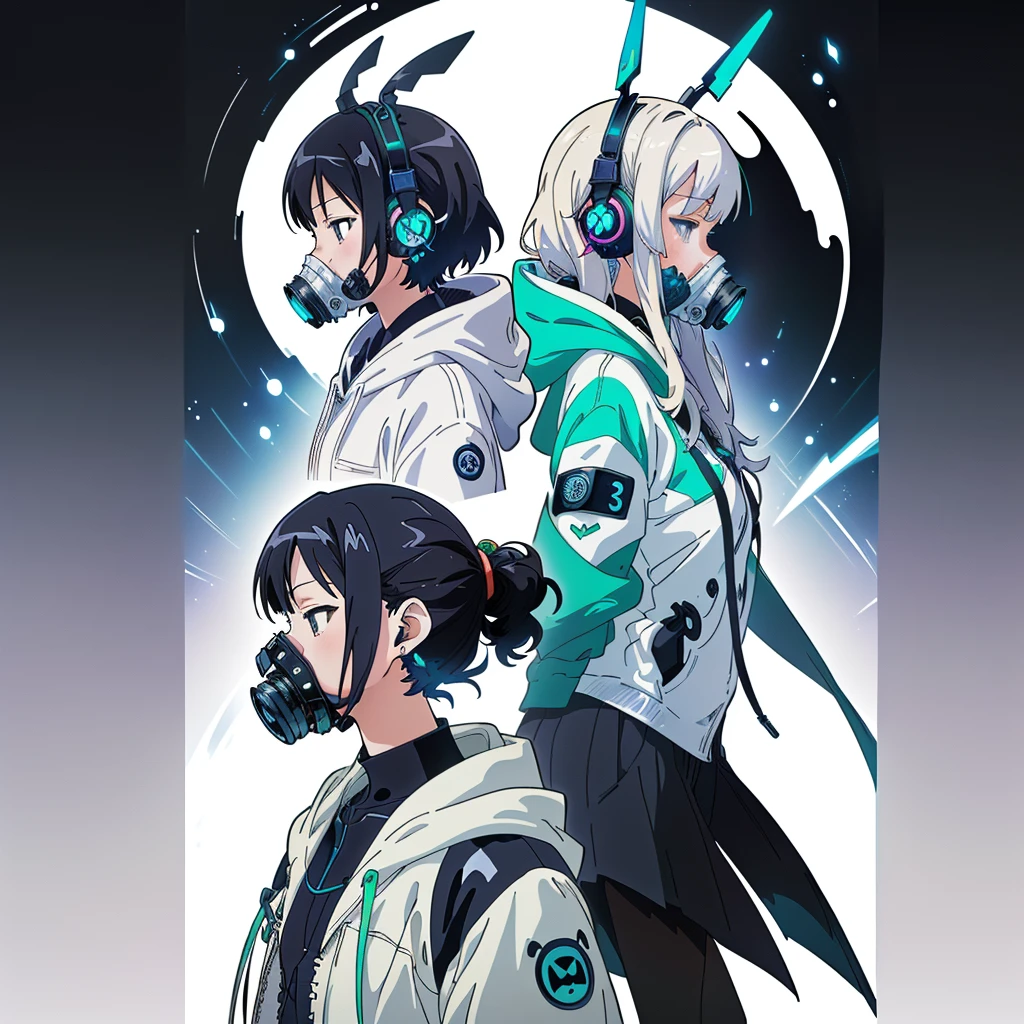 One girl,(((Highest quality、masterpiece、Official Art、Very detailed、Anime Style、Best dynamic composition、profile、Perfect Anatomy)))、 Headphones, hoodie, Vibrant colors, neon, White Background、gas mask、