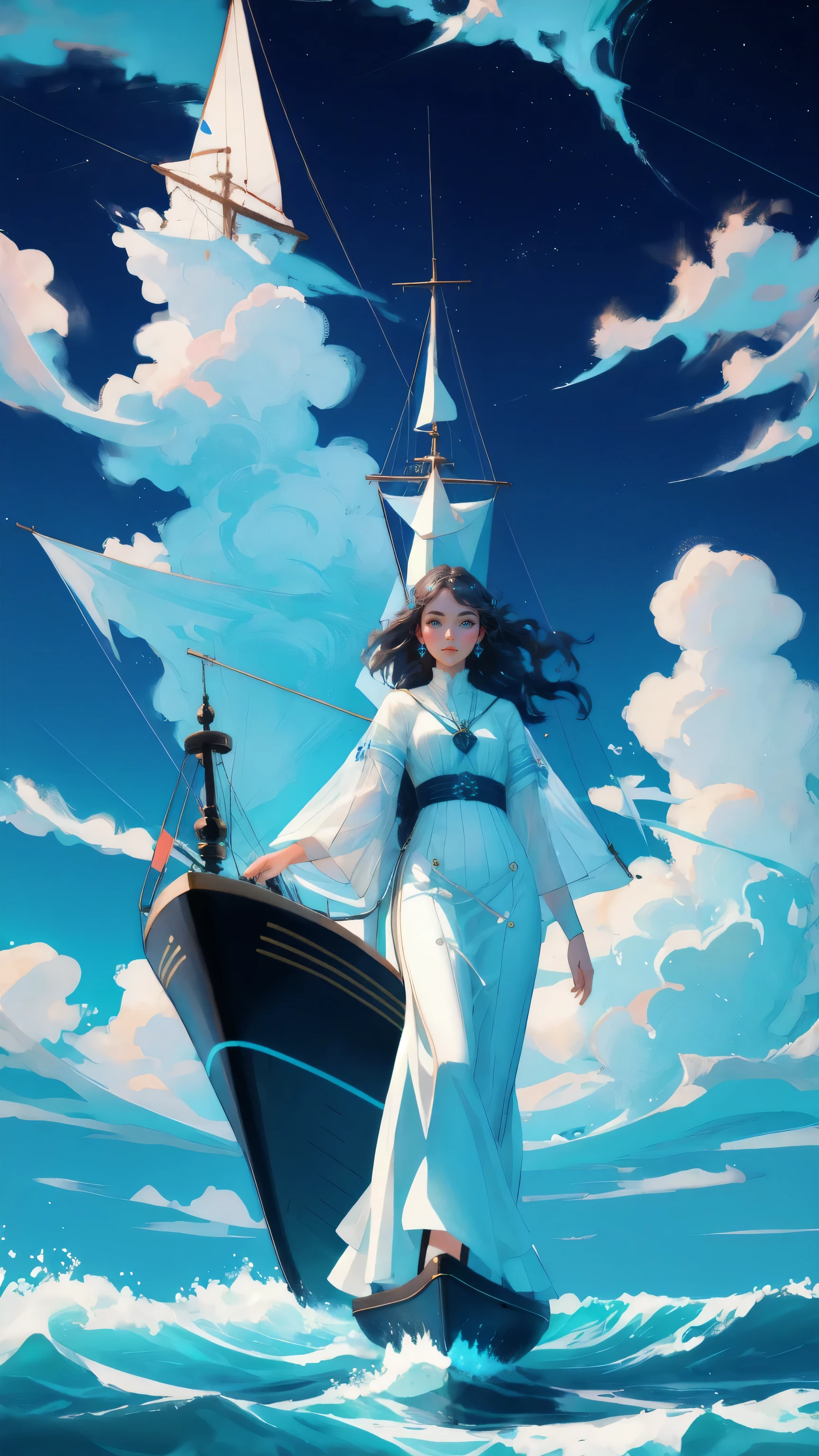 Visualize a beautiful girl in an elegant dress aboard the 'Early Adopter's Cruiser,' standing at the helm as the ship sails through a blue, futuristic ocean. The sky is filled with glowing Bitcoin symbols and digital waves, reflecting the pioneering spirit of early adopters.