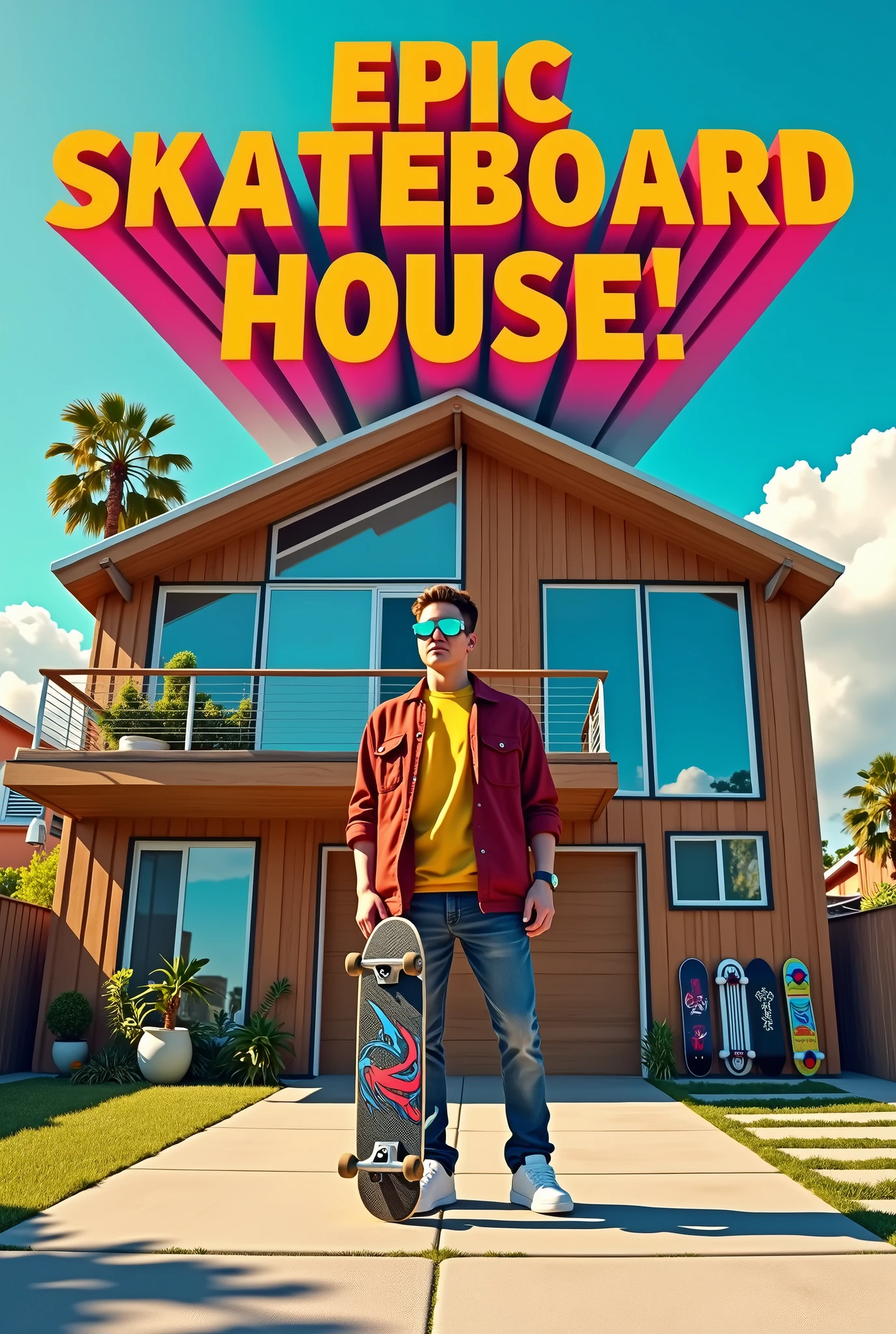 “Epic Skateboard House!”: Show the man standing proudly in front of the house with a few skateboards leaning against the walls. Include a large, bold title that reads “Epic Skateboard House!” with vibrant colors to grab attention.