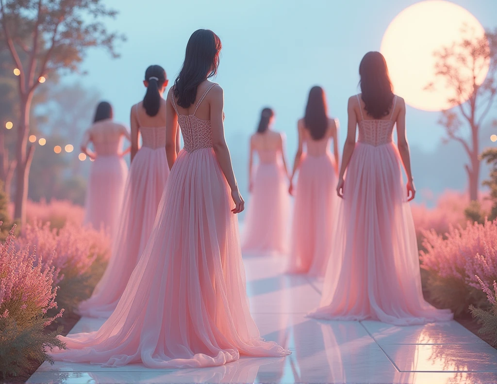 Subject: Photorealistic image of futuristic, sustainable eveningwear in soft pastel shades, designed for Instagram.
Environment/Background: A dreamy, ethereal setting in a futuristic garden featuring bioluminescent plants and a digital moonlit sky. The backdrop combines advanced technology with natural beauty, creating a serene, luxurious atmosphere that complements the elegance of the eveningwear.
Outfits: AI-generated flowing gowns, tailored suits, and delicate accessories in pastel colors like blush pink, soft lavender, and pale mint. The designs use luxurious, sustainable fabrics such as organic silk, hemp, and upcycled lace. Intricate details include floral embroidery, delicate draping, and soft pleats, enhancing the romantic and ethereal quality of the outfits.
Lighting: Soft, diffused lighting that bathes the scene in a gentle glow, highlighting the pastel tones and intricate details of the garments, creating a serene and romantic atmosphere.
Camera: A full-body shot that captures the elegance and flow of the eveningwear, with a slight focus on the intricate details like embroidery and draping, set against the futuristic garden backdrop.
Resolution: Ultra-high resolution, 8K, ensuring that every detail of the fabrics, embroidery, and the soft interplay of light and shadow is captured with precision.
Art Style Keywords: Futuristic eveningwear, sustainable luxury, pastel romance, organic silk, eco-friendly fashion, ethereal design, bioluminescent garden, serene elegance.

