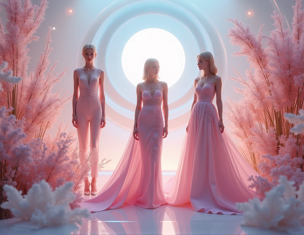 Subject: Photorealistic image of futuristic, sustainable eveningwear in soft pastel shades, designed for Instagram.
Environment/Background: A dreamy, ethereal setting in a futuristic garden featuring bioluminescent plants and a digital moonlit sky. The backdrop combines advanced technology with natural beauty, creating a serene, luxurious atmosphere that complements the elegance of the eveningwear.
Outfits: AI-generated flowing gowns, tailored suits, and delicate accessories in pastel colors like blush pink, soft lavender, and pale mint. The designs use luxurious, sustainable fabrics such as organic silk, hemp, and upcycled lace. Intricate details include floral embroidery, delicate draping, and soft pleats, enhancing the romantic and ethereal quality of the outfits.
Lighting: Soft, diffused lighting that bathes the scene in a gentle glow, highlighting the pastel tones and intricate details of the garments, creating a serene and romantic atmosphere.
Camera: A full-body shot that captures the elegance and flow of the eveningwear, with a slight focus on the intricate details like embroidery and draping, set against the futuristic garden backdrop.
Resolution: Ultra-high resolution, 8K, ensuring that every detail of the fabrics, embroidery, and the soft interplay of light and shadow is captured with precision.
Art Style Keywords: Futuristic eveningwear, sustainable luxury, pastel romance, organic silk, eco-friendly fashion, ethereal design, bioluminescent garden, serene elegance.