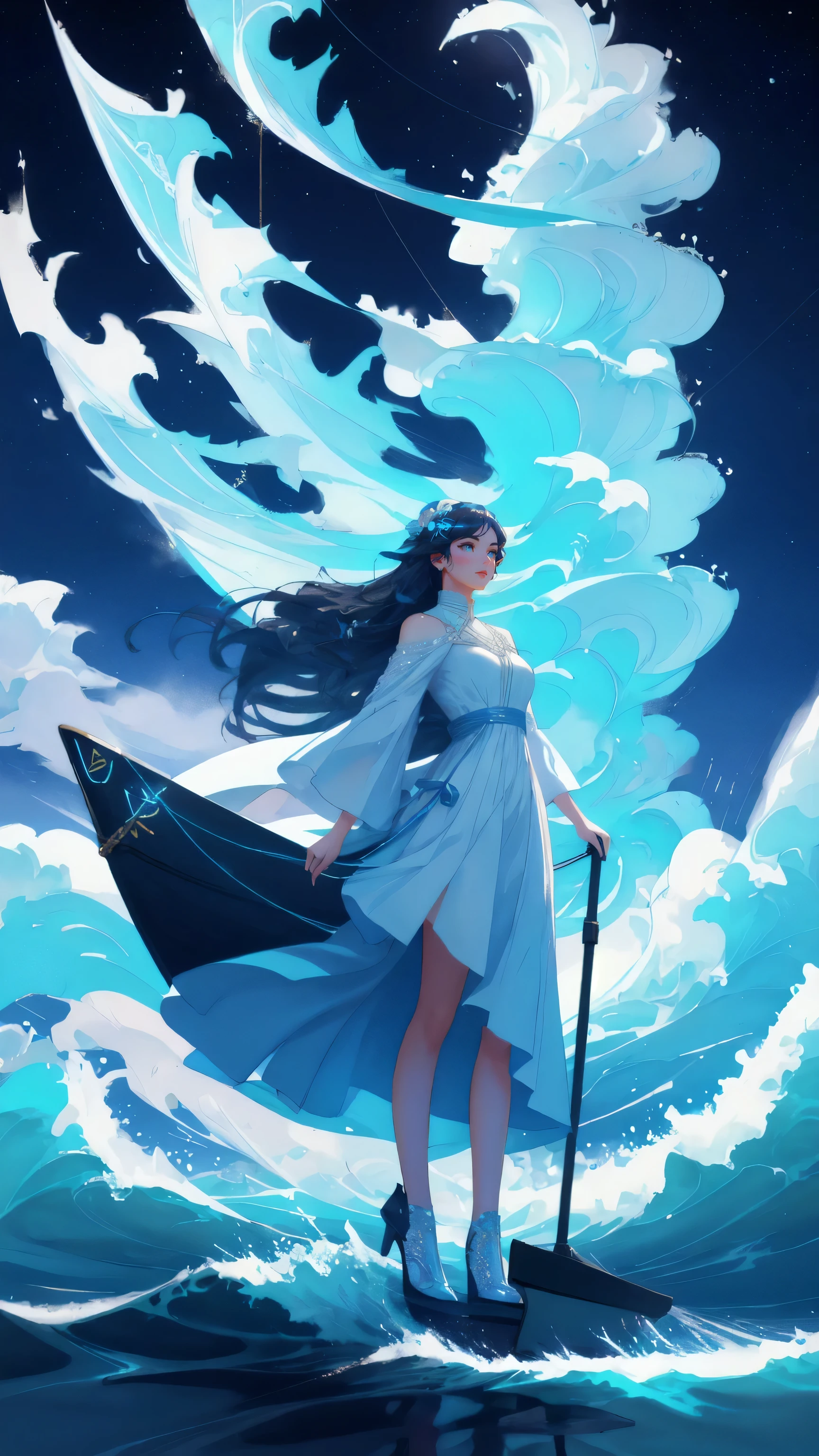 Visualize a beautiful girl in an elegant dress aboard the 'Early Adopter's Cruiser,' standing at the helm as the ship sails through a blue, futuristic ocean. The sky is filled with glowing Bitcoin symbols and digital waves, reflecting the pioneering spirit of early adopters.