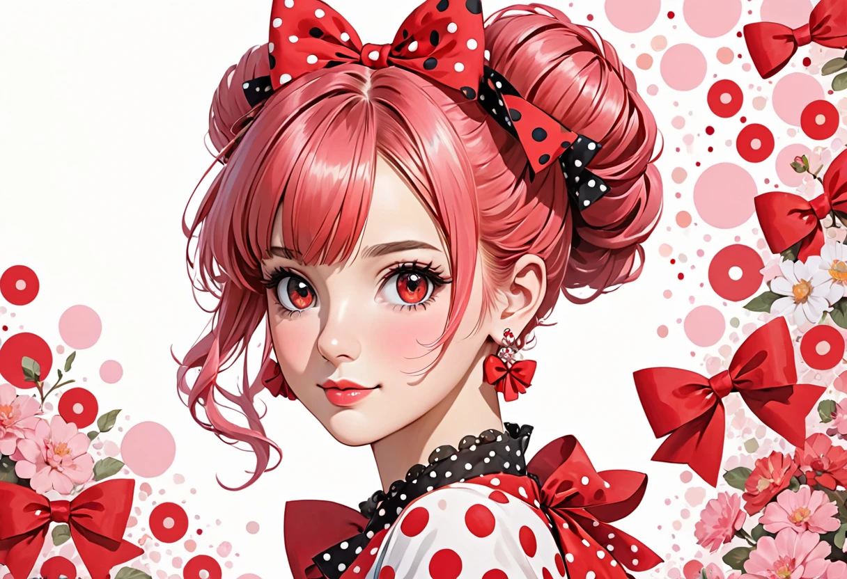a drawing of a young woman with large red polka dots and big red bows, 1girl, solo, earrings, jewelry, pink hair,red eyes , repolka dot, bow, looking at viewer, hair bun