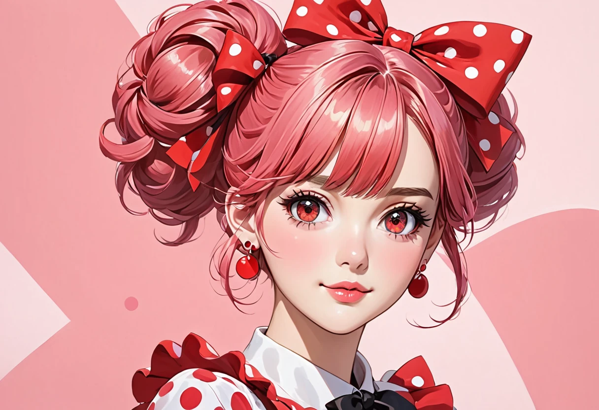a drawing of a young woman with large red polka dots and big red bows, 1girl, solo, earrings, jewelry, pink hair,red eyes , repolka dot, bow, looking at viewer, hair bun
