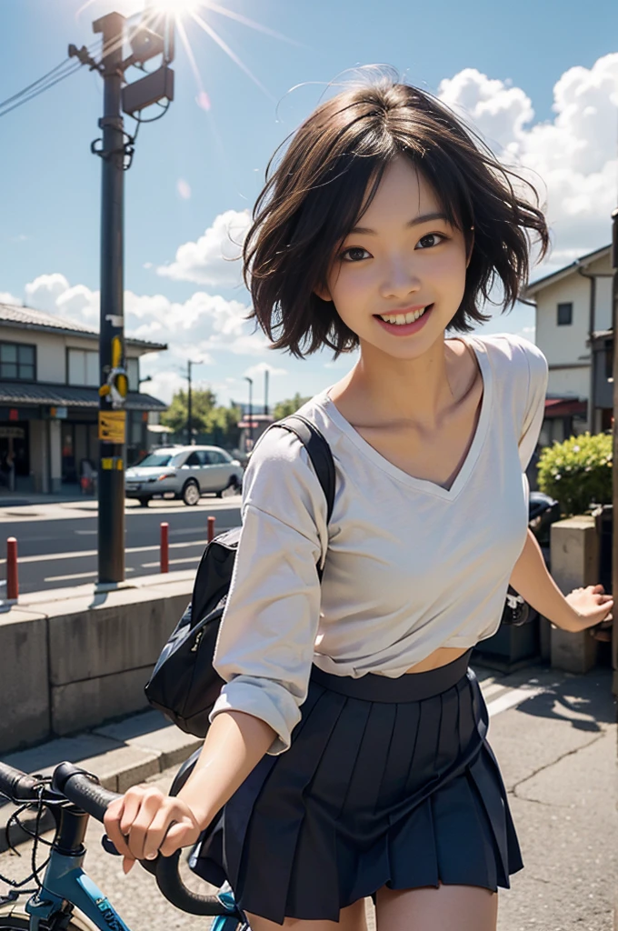 Best image quality、Ultra-high resolution、Tabletop、Photo quality(Realistic:1.8)、pores、Accuracy、Japanese women、、Black-haired、cuteえくぼ、Young Face、cute、Short Bob、Slender、Small breasts、 Flat Chest、To the camera、Turn your body forward、Gravure Beautiful Girl、whole body、student、Bicycle commute、白いsailor uniform、Navy blue pleated skirt、blue sky、White cloud、Light of the sun、Reflective plate、ride a bicycle、Cross Bike、bicycle girl、cycling、bicycle ride、protrude、Laughing with your mouth open、White teeth、