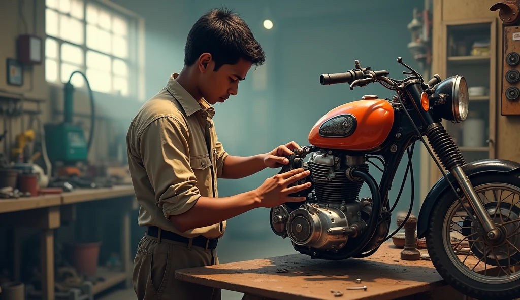 Ek 20 year ka boy bike engine sudhar raha hai factory me ye sab Indian environment me hona chaiye aur 2d images ho