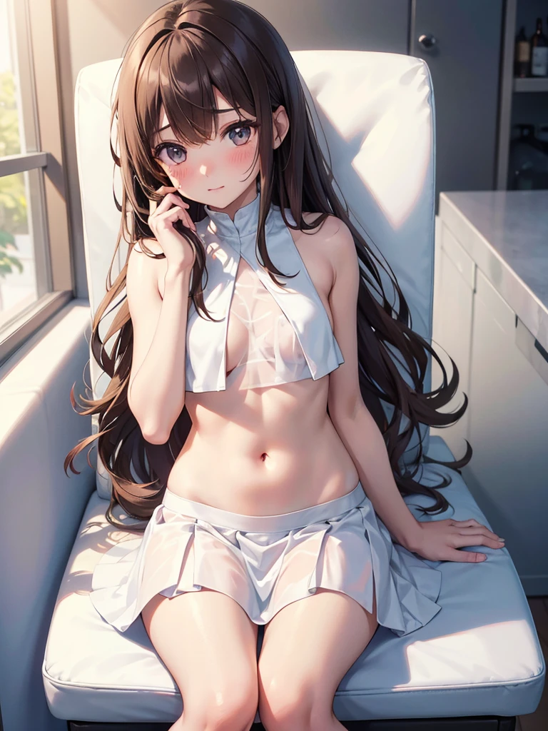 A cute girl sitting in a white chair holding an bottle wearing a skirt, small top under boob style dress, stomach visible, blushing face, shy face, long brown hair, perfect body shape, white skin, ((stomach visible)), UHD, masterpiece, anatomically correct, textured skin, super detail, high quality, best quality, highres, 8k