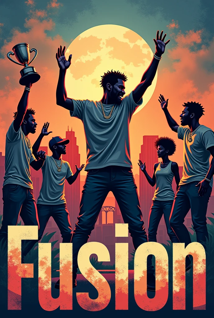 it is a layout of a tshirt that shows the leader of the the group is dancing hiphop in the middle and the other side shows a lot of people girls and boys holding a trophy. and the backgroud of theme is globe and a building. Theres a text says "FUSION"