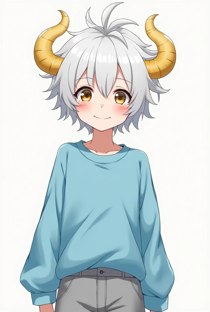 A white-skinned anime-type man with messy white hair and bangs, His expression is smiling, She has a sky blue blouse, He has grey pants that turn white, and has horns in her white and yellow hair.