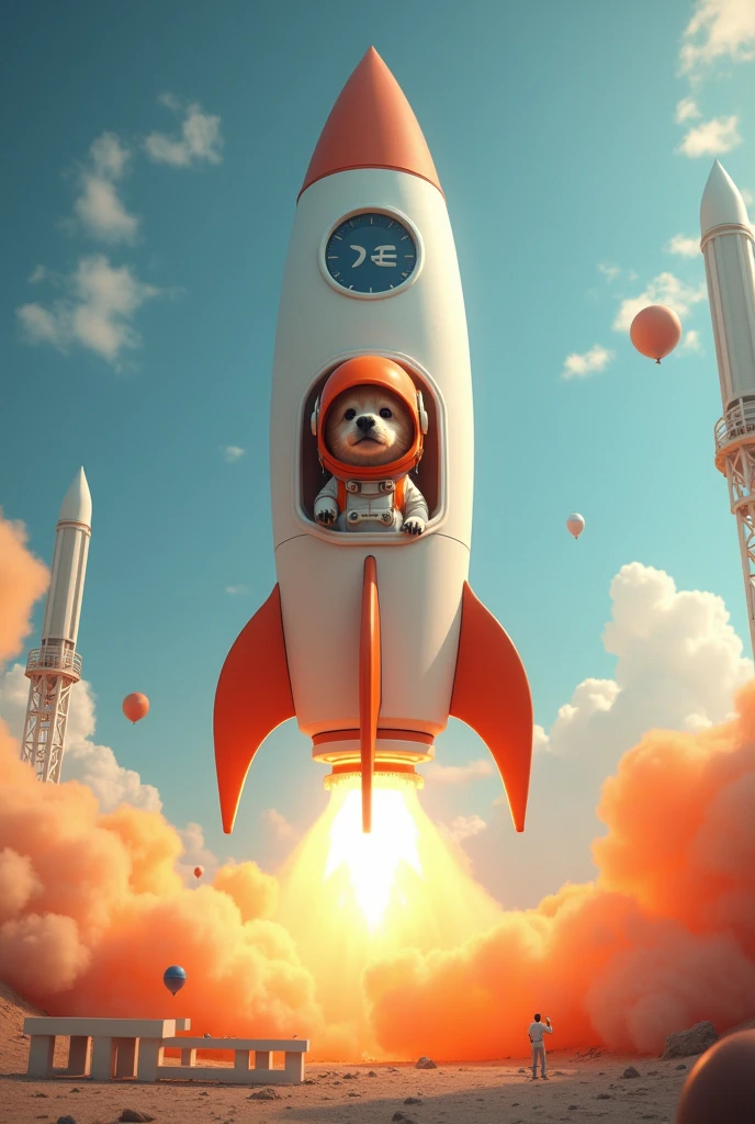 Shopee rocket taking off with a dog dressed as an astronaut and wearing an orange helmet inside