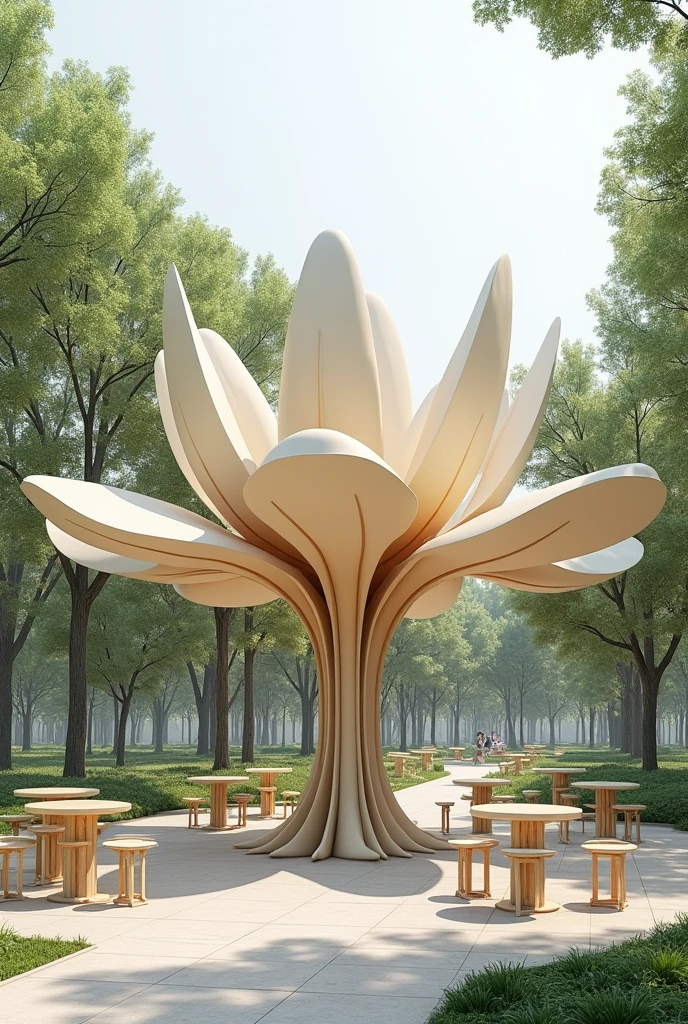 A kiosk without walls that is inspired by a flower, that they are in neutral colors, that the kiosk starts from the center like a stem and extends outwards like petals but that they go downwards, in the style of architectural design in a park with tables and chairs 