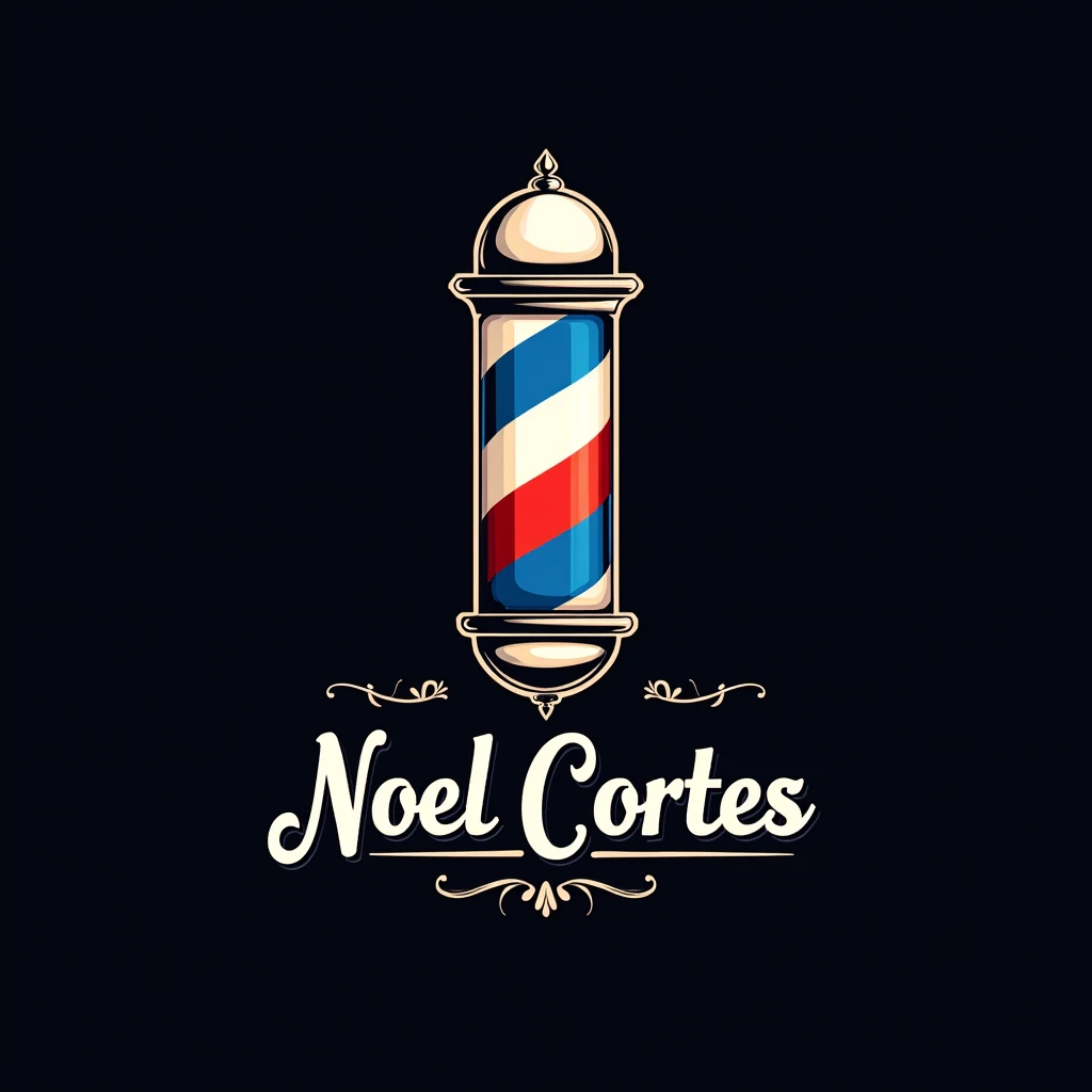 Faça uma logo de barbeiro com um símbolo 💈azul vermelho e branco escrita “Noel cortes” com o fundo preto e a fonte detalhada 