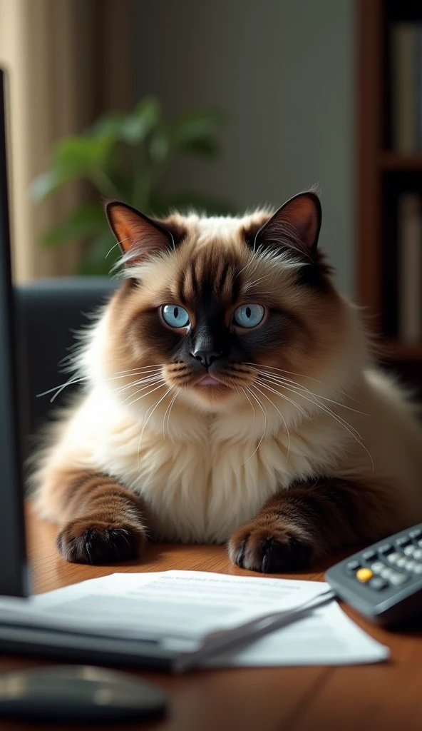 photorealistic, 64k, a siamese giant fat cat, sitting at a desk, typing on a computer, answering phone calls, organizing files, professional, hyperrealistic, cinematic lighting, intricate details, high quality, realistic fur textures, detailed paws and toe beans, intelligent expression, elegant posture, immersive background, office setting, wood desk, desktop computer, phone, papers and folders