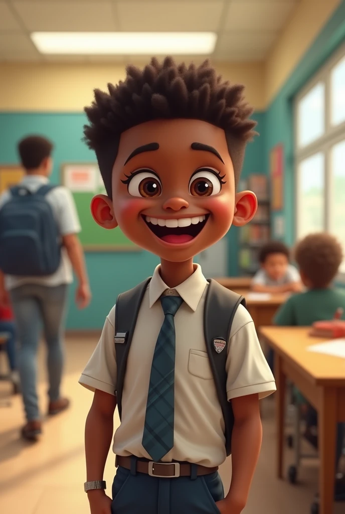 A tall fat black boy at school smiling with dark brown eyes