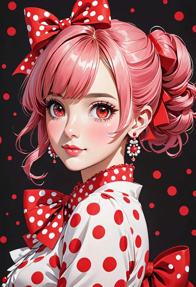 a drawing of a young woman with large red polka dots and big red bows, 1girl, solo, earrings, jewelry, pink hair,red eyes , repolka dot, bow, looking at viewer, hair bun