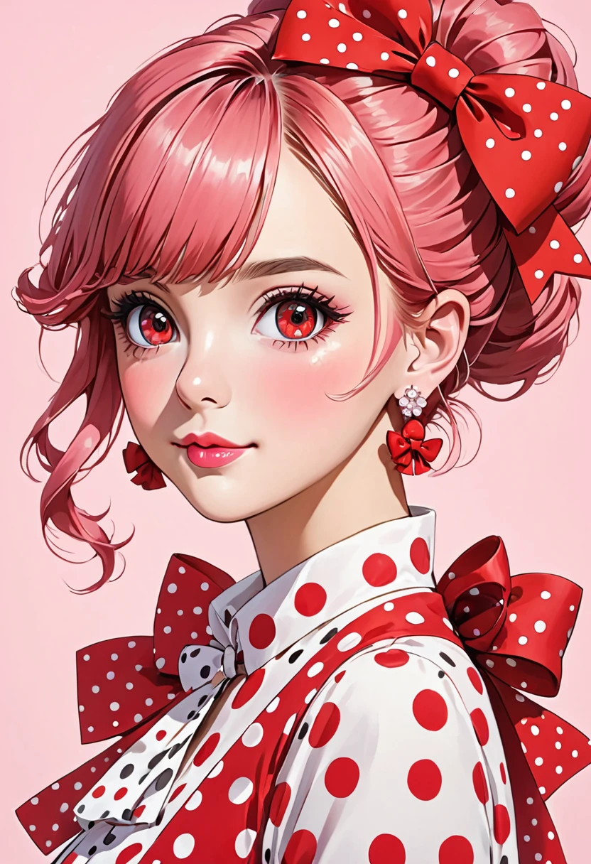 a drawing of a young woman with large red polka dots and big red bows, 1girl, solo, earrings, jewelry, pink hair,red eyes , repolka dot, bow, looking at viewer, hair bun