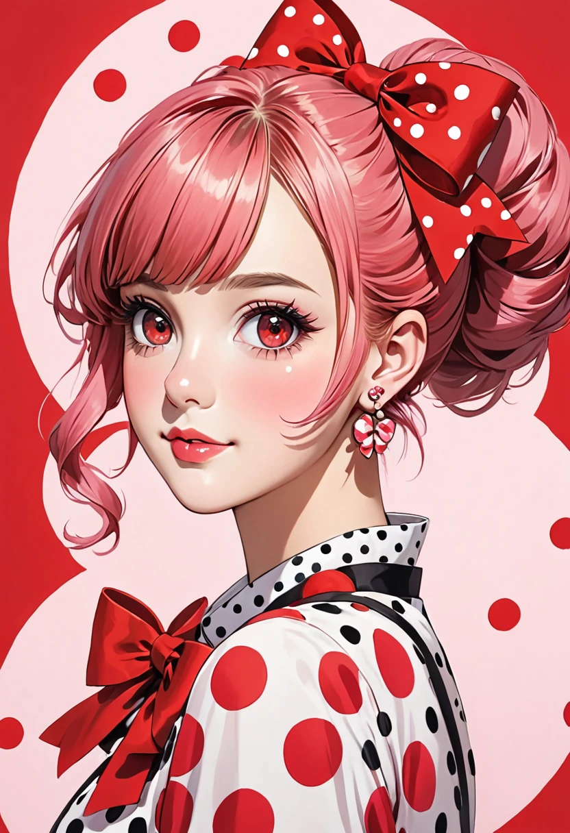a drawing of a young woman with large red polka dots and big red bows, 1girl, solo, earrings, jewelry, pink hair,red eyes , repolka dot, bow, looking at viewer, hair bun