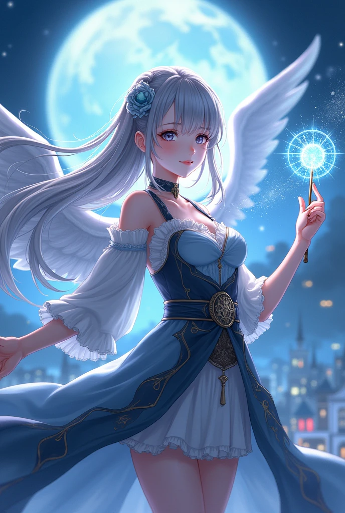 Russian、Young girl、clear、Elegance、noble、Gray Hair、Silver Hair、Long Hair、Soft Hair、Blue Moon Night、city、noble、Light blue and black dress、Spreading Dresses、Anime Face、Big eyes、Bright Face、popular person、Magical girl、The magic of light、magic circle、Large white wings growing from his back、Magic wand with a big blue ball、Paladin