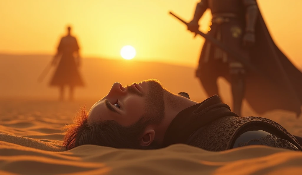 A highly realistic, high-contrast, 8k hd, detailed, hyper-detailed image of a battlefield in a desert at sunset. The scene focuses on the severed head of the 主人公, lying on the sandy ground. The head is in sharp focus, with the warm, golden light of the setting sun casting long shadows across the sand. The expression on the face is frozen in a final moment of surprise or realization. Nearby, the body of the protagonist is visible, clad in steel armor, but it is blurred to keep the focus on the severed head. In the background, The figure of Tadokoro, a knight in steel armor with a lion emblem, stands holding a sword. The atmosphere is solemn, with no blood present, only the stark reality of the aftermath of a deadly battle.
