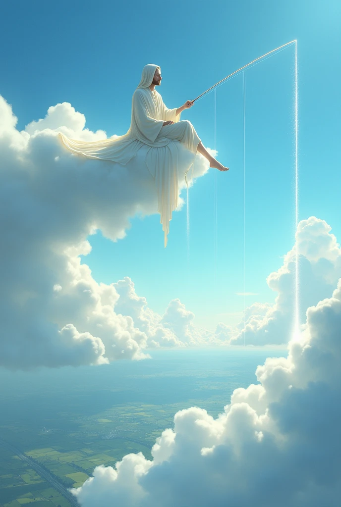 Fishing in heaven, a long fishing line that reaches far down to the earth below, hanging from a fishing line after sitting on a cloud in heaven,