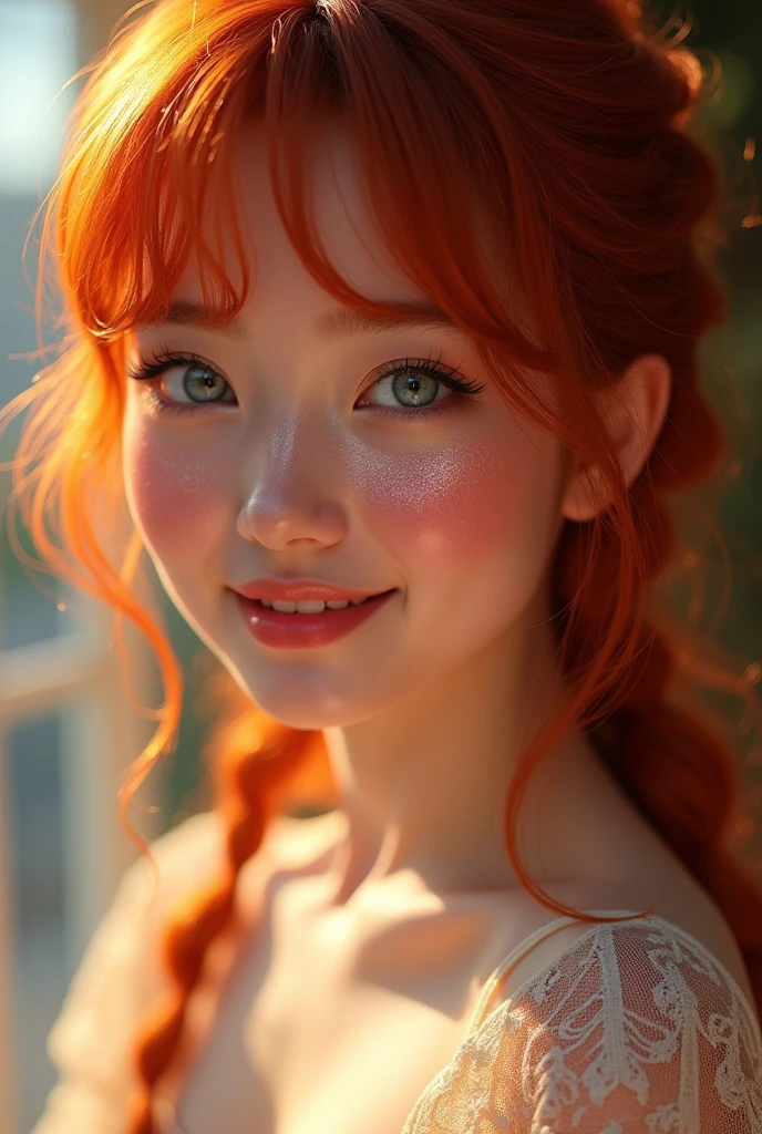 One person, solo, High resolution, chest, Gaze, smile, Blushing, Open your mouth, blue eyes, Red hair, Shiny Hair, Side braids, Half-up hairstyle, Deco bangs, masterpiece, Textured skin, Sparkle Effect, 