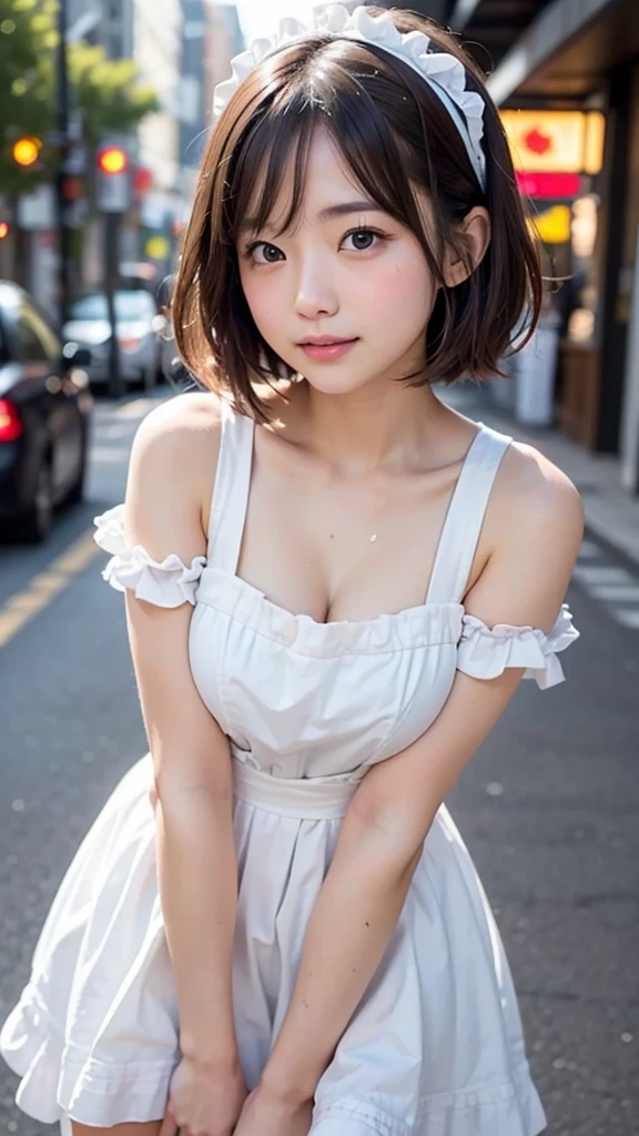 (masterpiece, Best Quality:1.2), 8K, 1 girl, 1 Japanese girl, 85 mm, Official art, Raw photo, Pretty Face, close up, face focus, cute Girl, Cinch waist, beauty thighs, soaking wet, sweat, medium breasts, frilled white apron on naked, frilled maid hairband, large round glasses, standing, leaning forwards, on a street, Looking at Viewer, No makeup, (aroused, embarrassed, blush :1.2), Film grain, chromatic abberation, Sharp Focus, face lights, clear lighting, , Detailed face, Bokeh background