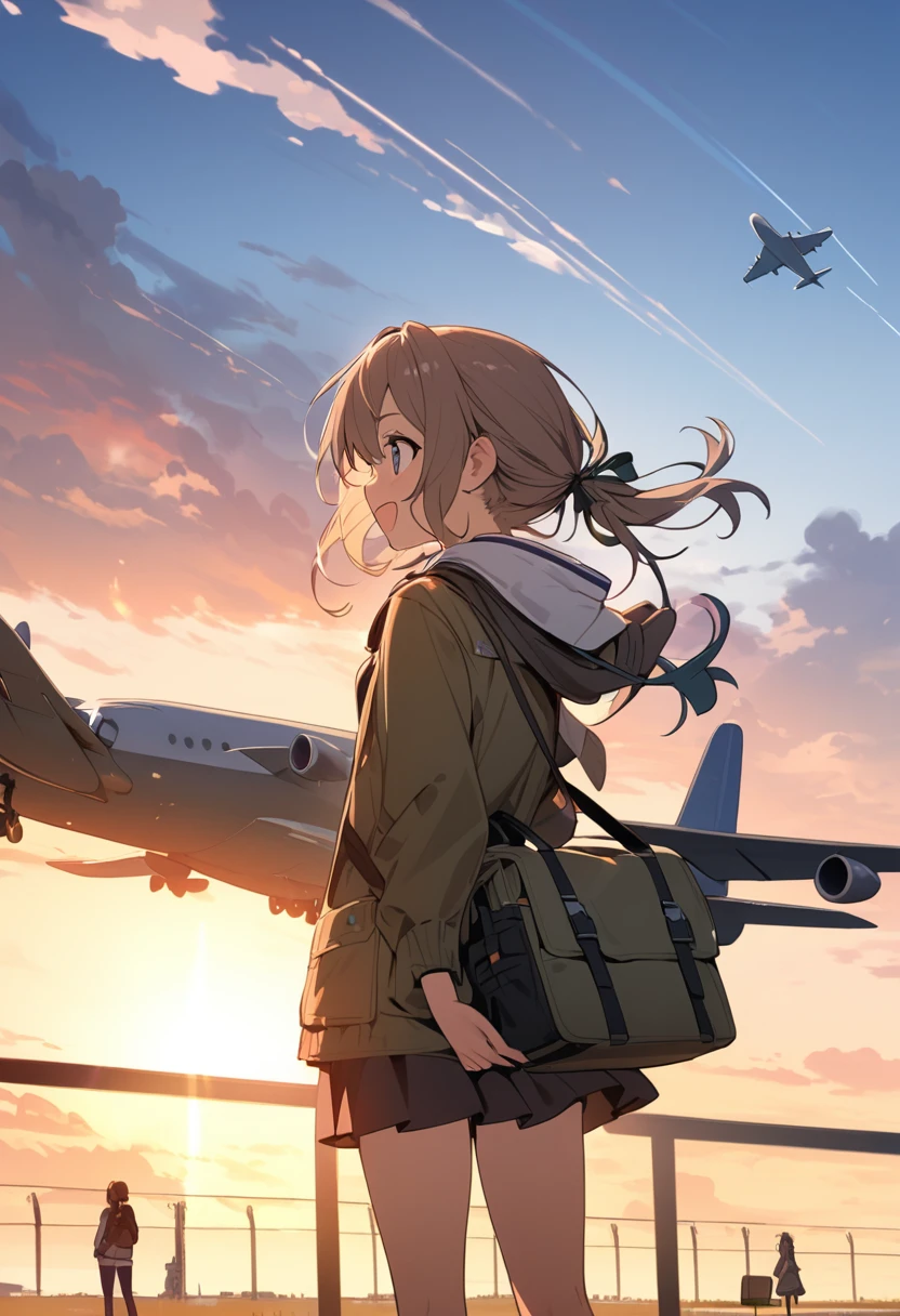 A girl happily watching airplanes at an airfield,