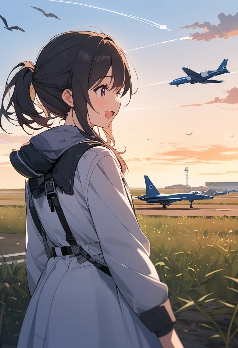 A girl happily watching airplanes at an airfield,