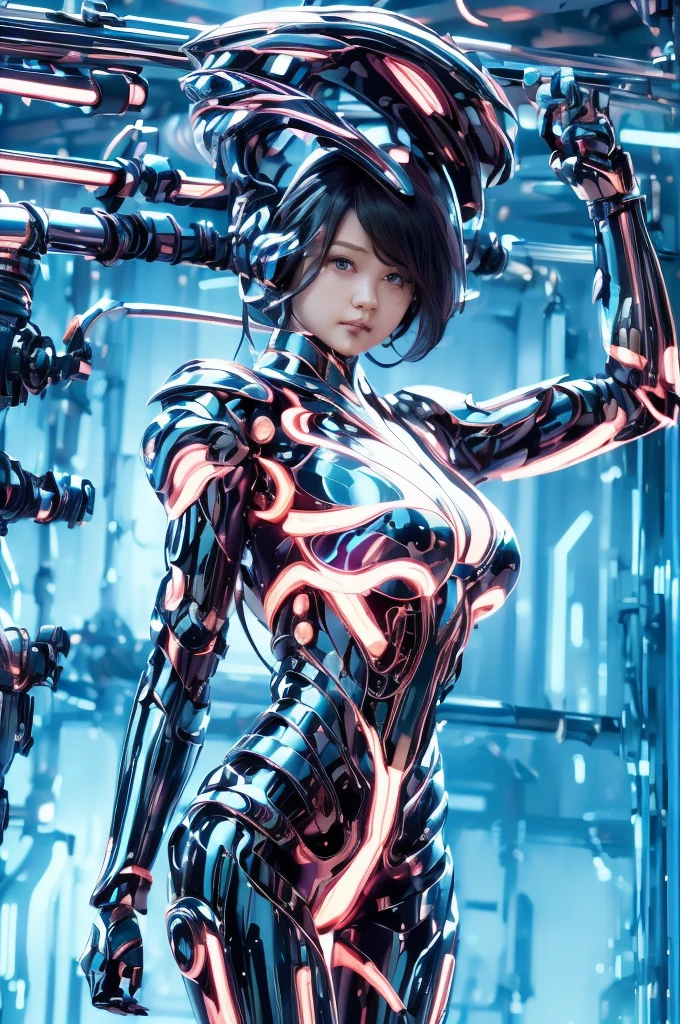 Highest quality, masterpiece, figure, (Realistic, photo-Realistic:1.37), wonderful, In detail, Incredibly absurd, Large file size, Very detailed, High resolution, Very detailed CG Unity 8k wallpaper, Very detailed目と顔, Ray Tracing, Browsing Caution, NUDE, One girl, Korean cyborg girl is innocent and young々Has a sly expression. She poses boldly with her arms raised above her head, Revealing her voluptuous figure. She is wearing a small black mecha armor top that barely covers her breasts., Exposing most of her flawless skin. Her shoulders and head have more armor detailing.、There are shining highlights, Tech Panels and Mechanisms. She is standing against a futuristic cityscape lit up with vibrant neon lights.、Standing full of energy。.