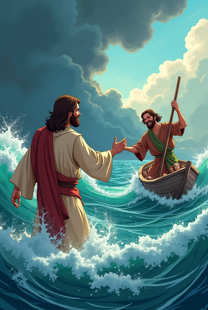 Create a cartoon illustration of adult Jesus reaching out to adult Peter on the water, scene in which Jesus appears to the disciples who were in the boat in the middle of the storm  