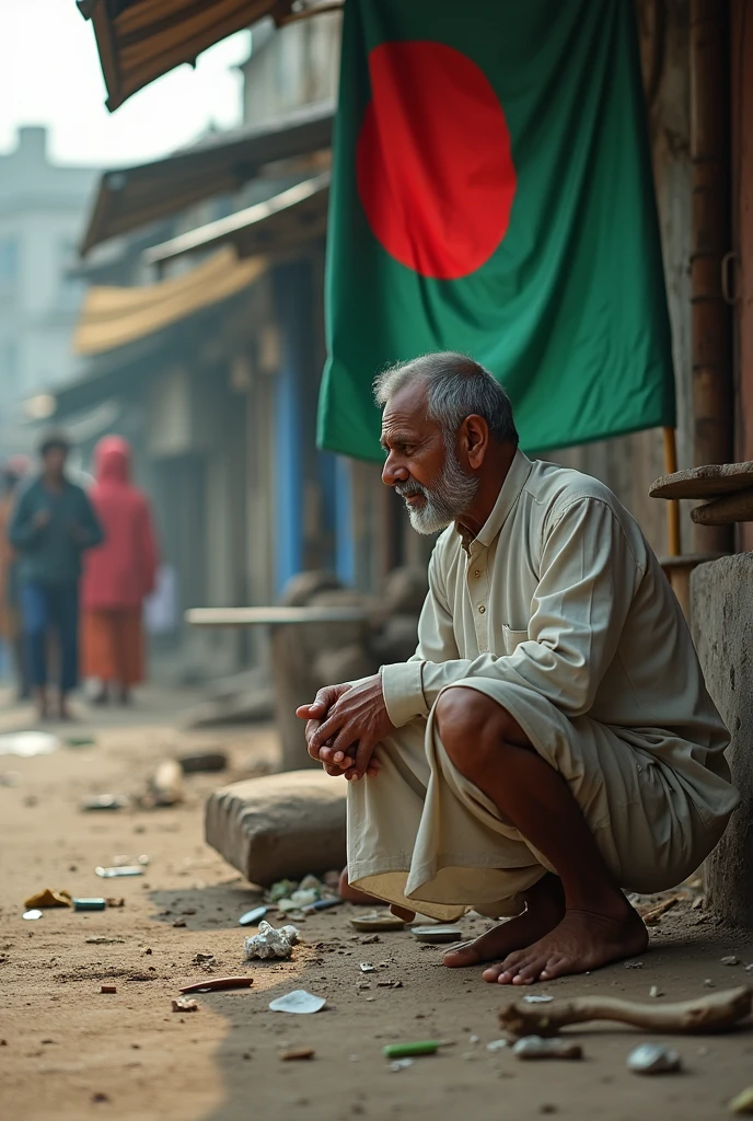 A Bangladeshi Man doing toilet in public place ,a Bangladeshi flag