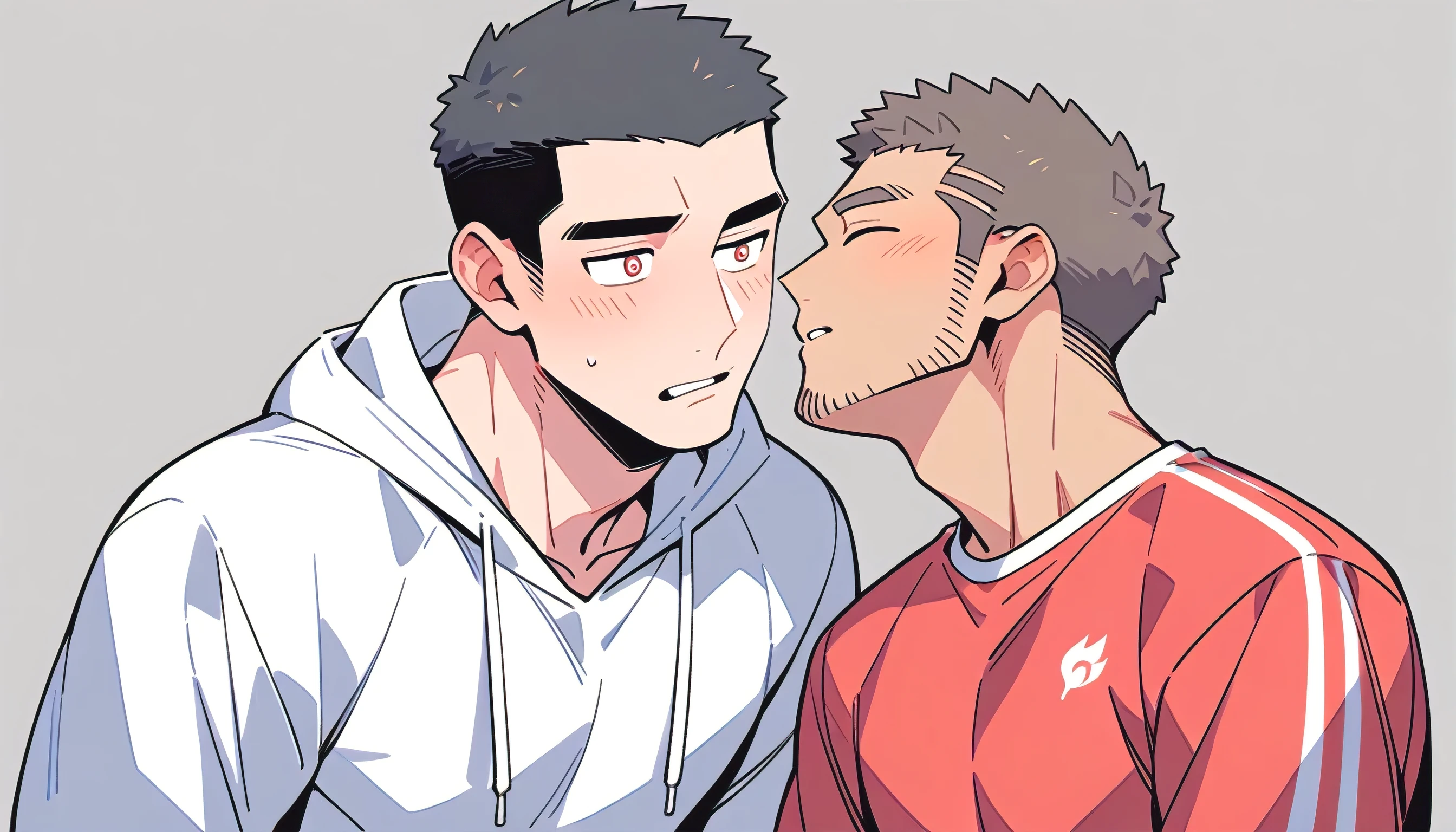 anime characters:Priapus and Dark-skinned muscular athlete, They hugged each other, kiss, Buzz Cut, Manliness, male focus, Sports tight hooded sweatshirt, Very tight, full and perky chest muscles, muscular male, muscular, only, Upper body, alone, Red short hair, Thick eyebrows, stubble, Brown-red pupils, Dark Grey background, simple background, amazing quality, best aesthetics, Ridiculous, crew cut, parted lips, flustered, endured face, shy, blush, negative space, negative space, best quality