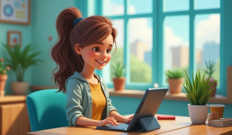 3D render  girl  happy drawing on tablet, cartoon style 