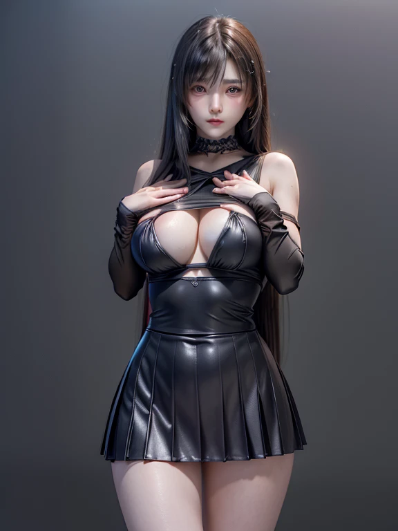 ((masterpiece, best quality, high resolution)), Tifa Lockhart, ultra realistic, ultra detailed, ultra realistic skin texture, perfect body style, ((Beautiful girl, Short pleated skirt, Short sailor suit, cleavages, big breasts)), (((Petting own inner thighs with both hands:1.3))), (night city street, Road surface after the rain, The city lights are reflected on the wet road surface), (Long Shiny black straight hair, fluttering hair, Asymmetrical bangs), adult beauty, Cool and beautiful facial features, shiny skin, the Sharp Face, seductive Purple-black eyes, Slightly thick thighs, Slightly slimmer body, (erotic body), Well trained ass, Perfect Finger, extremely detailed eye and face, fascination lighting, provocatively, flawless face, awesome solo, Highly details Full body, long legged, Perfect limbs, Curvaceous, Cowboy Shot, high definition RAW photograph, Captivating body, incredibly beautiful, HDR, Highly detailed CG, Wallpaper Digital Desire, Steam Punk, blur background, super cute, 1 girl