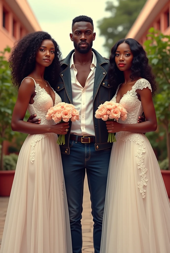 Un jeune garçon de 23 ans africain en veste au milieu de deux belles filles africaines en robe de mariage et tenant chacune dans les mains une fleur. La première fille a 19 ans et est heureuse tandis que la seconde fille a 21 ans et est triste