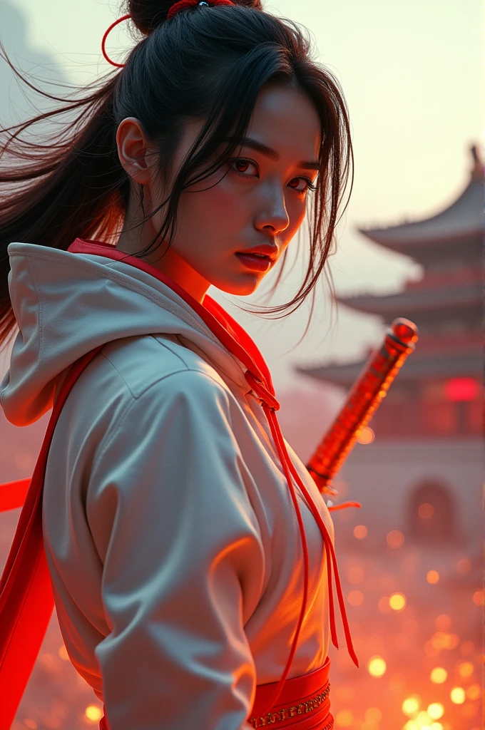 (masterpiece, best quality, beauty),uhd, china female kungfu, korean beauty like tae yon, her face and full body visible, shining red eyes,, windblown hair, wear white silk neon leather suit and hoody, left hand holding china traditional sword, standing next to emperor emblem of forbiden city china, best ratio body ,uhd. use the RenderMan renderer.digital art. High definition, high contrast, high color saturation,128k,cinematic lighting, intricate,cinematic lens, advertising photograph,ultra detail.dslr,Wallpaper size