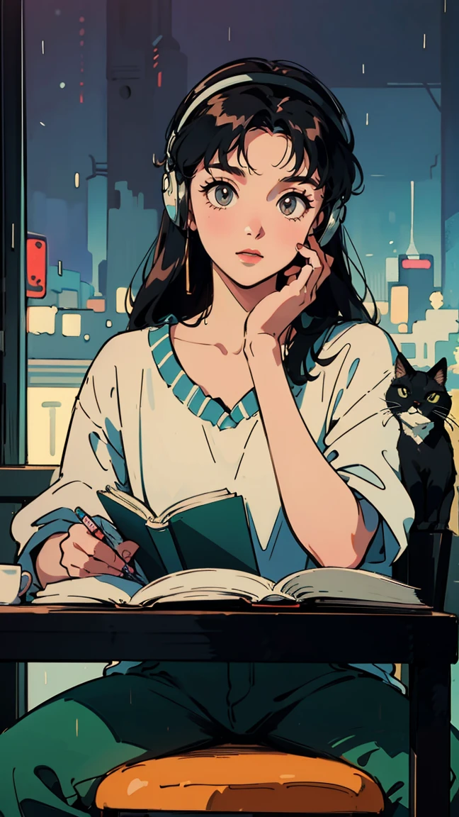 Highest quality, 8k, 1990s style,Hairstyles of the 2010s, 21 year old girl, Black Hair, Long Hair, Light brown eyes, City Pop, pants ,Night view, Wear headphones,Reading a book, whole body, Relax Coffee,table,making,look at me, 1 black cat dreaming, Wear headphones, night lights, Neon landscape on a rainy day, Analog Color Theme, Lo-Fi Hip Hop , retrospective, flat, 2.5D ,Draw a line, Ink Drawing, Large slope, Watercolor painting, Goosch Colors, Studio Ghibli Style, Awesome colorful, Outer Ton, krautrock, lofi art, 70s style,Old texture, amplitude,psychedelic vibe, masterpiece, Tremendous technology,