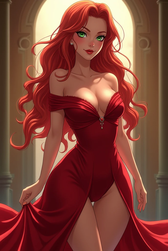 A beautiful woman of breathtaking beauty, with long, wavy, vibrant red hair that falls to her waist, crafted emerald green eyes and softly tanned skin. Her figure is slender and extremely curvy, with huge breasts and thighs, always dressed in red silk dresses that accentuate her curves. mansion in the background. anime styling.