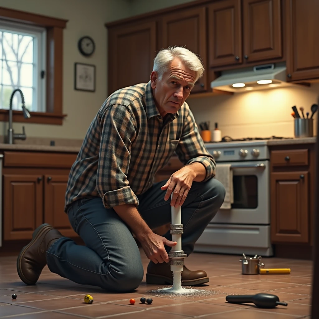 a man(realistic human),fixing leakage from pipe, in kitchen