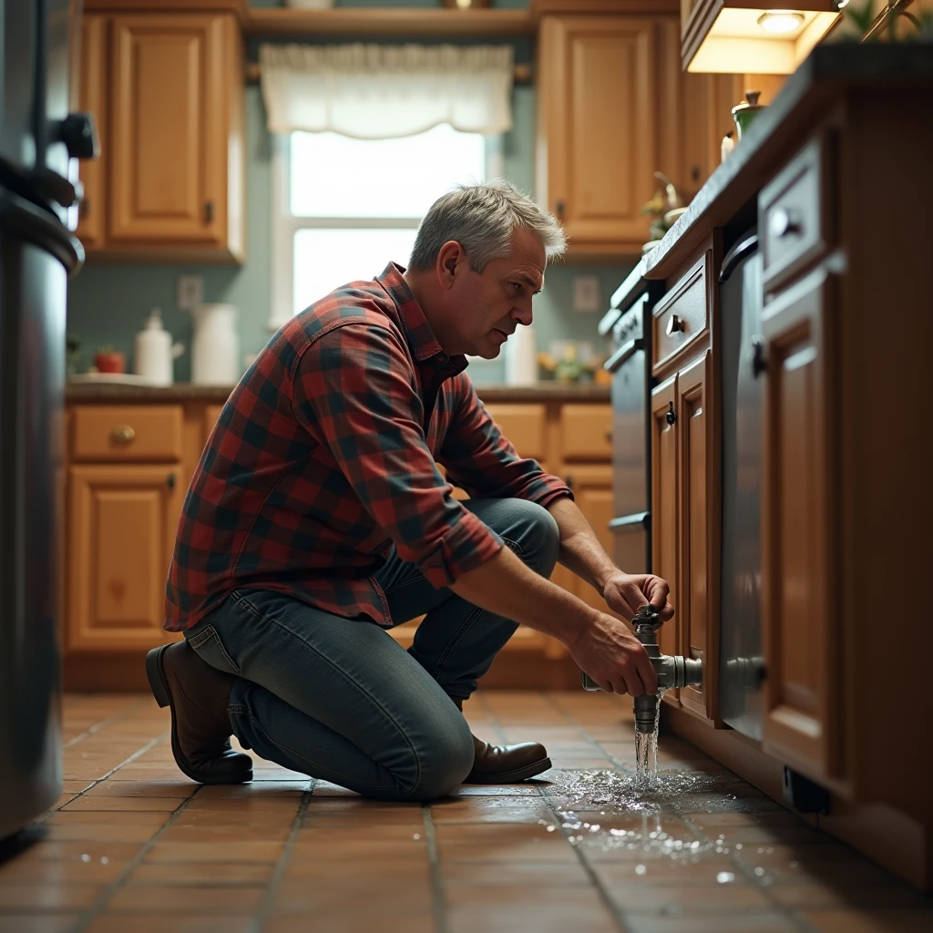 a man(realistic human),fixing leakage from pipe, in kitchen