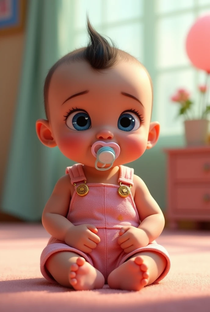 RAISING A 6 MONTH OLD BABY IN DISNEY PIXAR HALF BALD BLACK HAIR BIG BLUE EYES WITH PACIFIER IN MOUTH IN PINK FLORAL OVERALLS WITH GOLD BUTTONS SITTING