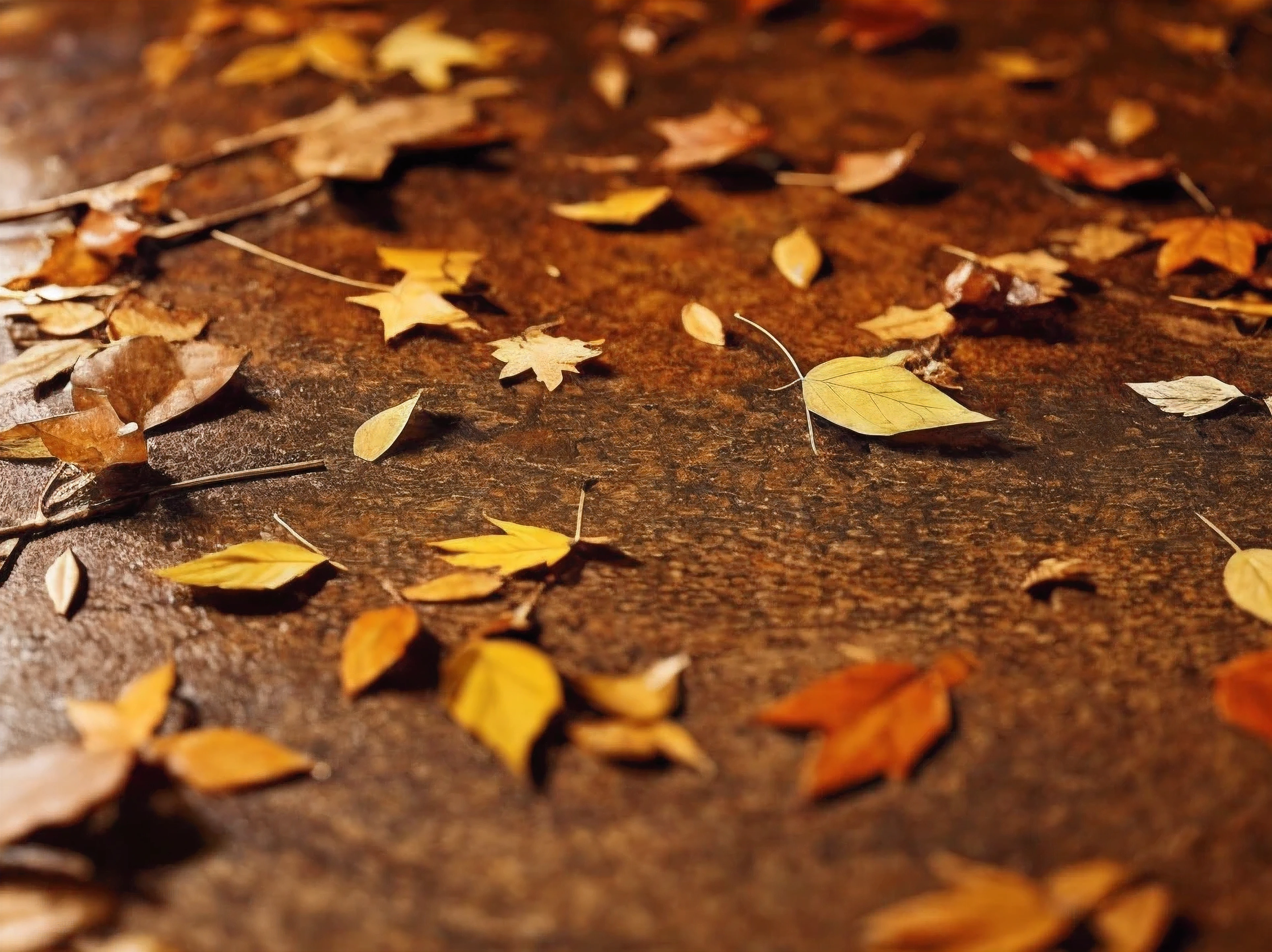Highest quality,4K,8k,High resolution,masterpiece:1.2,Very detailed,Realist,fotorRealist:1.37 Close-up of a rustic table that represents autumn,Autumn atmosphere,wood々The bokeh with depth,Falling leaves in the background,Fallen leaves on soft soil,Filtered natural light,Warm gold、Subtle bokeh effect,Part of the background is blurred. Detail of the texture of the table.,Deep colors reminiscent of the autumn season Attention to detail, Emphasize the warmth and comfort of the scene