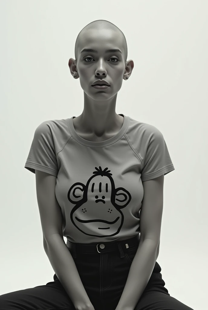 Nicki Nicole.
hairless. 
Feel it.
Gray t-shirt with a monkey drawing.
White background Sitting.